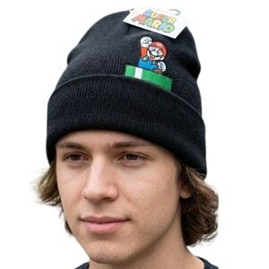 Super Mario Bros Black Cuffed Beanie Hat Knit Ski Cap Nintendo Embroidered
C2